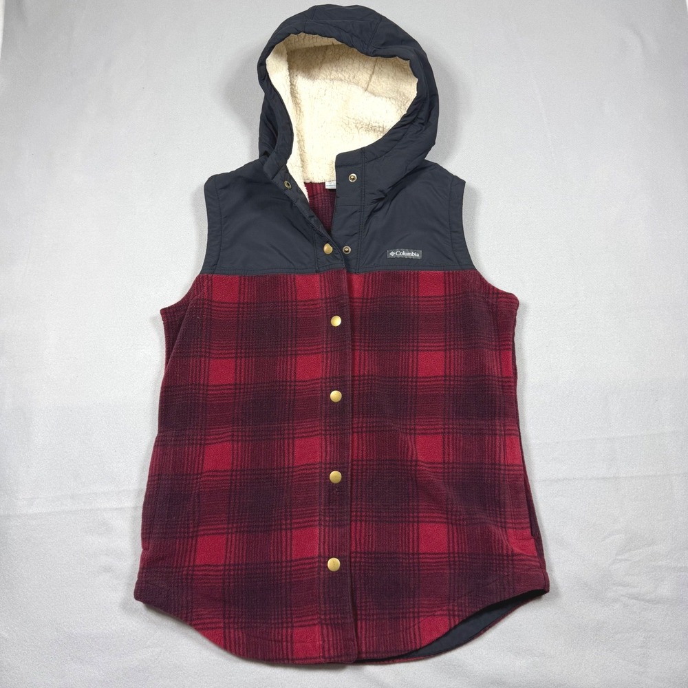 Columbia Womens Red Black Plaid Hooded Fleece Vest Sherpa Lined AL1123 Large